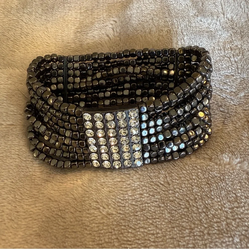 Gunmetal‎ Gray Faceted Beads & Crystal 1” Wide Slip On Bracelet